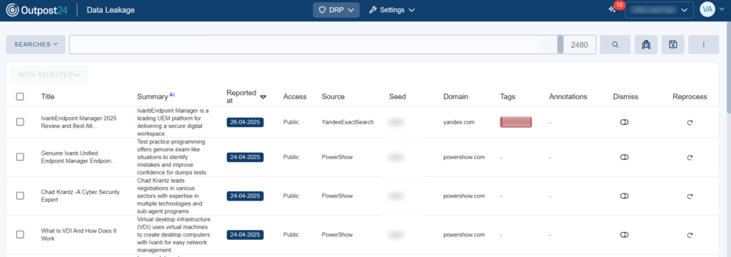 Screenshot von Data Leakage DRP Modul in EASM Plattform