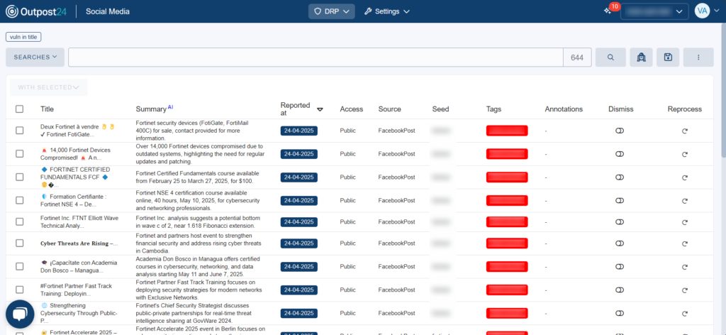 Screenshot von Social Media Monitoring Modul in Outpost24 EASM Plattform