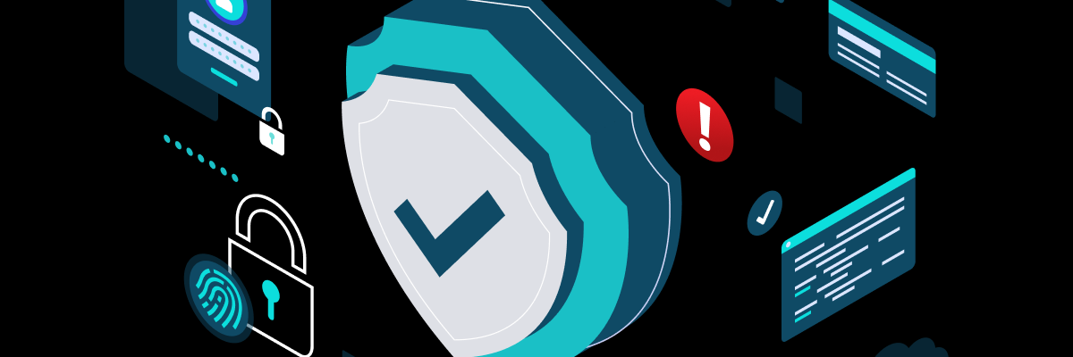 Cyberrisiko Quantifizierung, schwarz-blaue Graphik mit Schutzschild