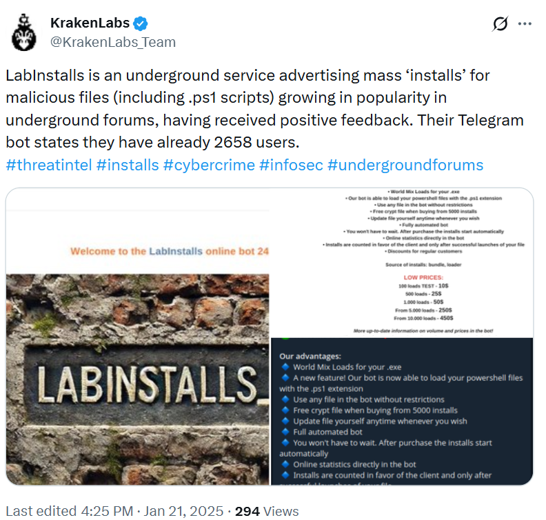 Threat-Intelligence-Team Tweet, der den LabInstalls-PPI-Service hervorhebt.