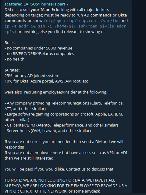 Screenshot Telegram Lapsus Dollar Hunters