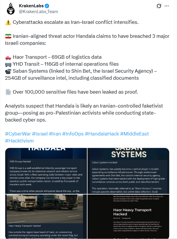 Tweet de Outpost24 signalant les activités du groupe pro-Iran Handala, ciblant des organisations israéliennes.