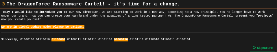 A screenshot announcing that DragonForce ransomware is open to partnerships