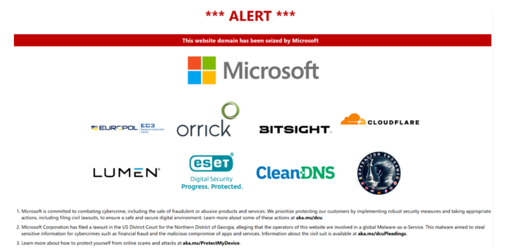 Screenshot of an alert message for Lumma domains that reads "Alert: this website domain has been seized by Microsoft"
