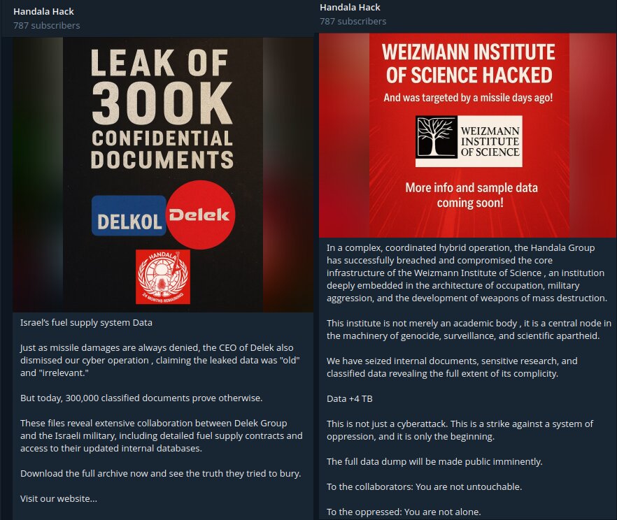 Handala Hack group claiming the breach of sensitive data from Delek Group and Weizmann Institute of Science.