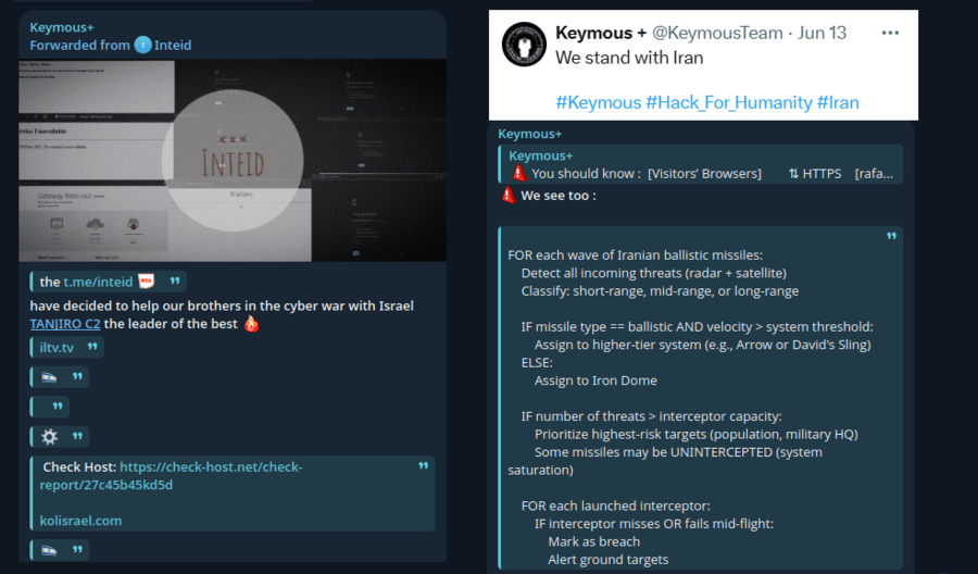Keymous and Inteid groups coordinating cyberattacks supporting Iran against Israeli digital infrastructure.