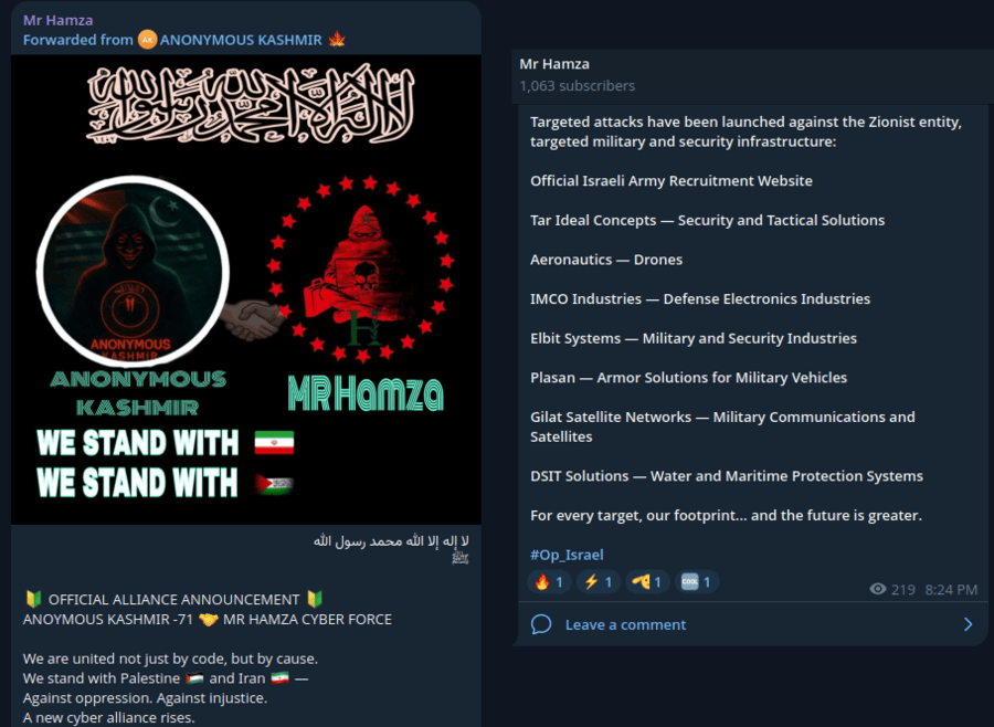 Mr Hamza and Anonymous Kashmir announcing an alliance and listing cyberattack targets in Israel.