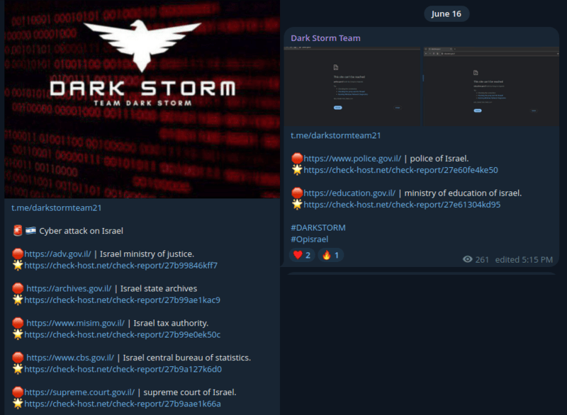 Dark Storm Team claiming responsibility for cyberattacks on multiple Israeli government services, including the Ministry of Justice, Police, Education, and the Supreme Court.