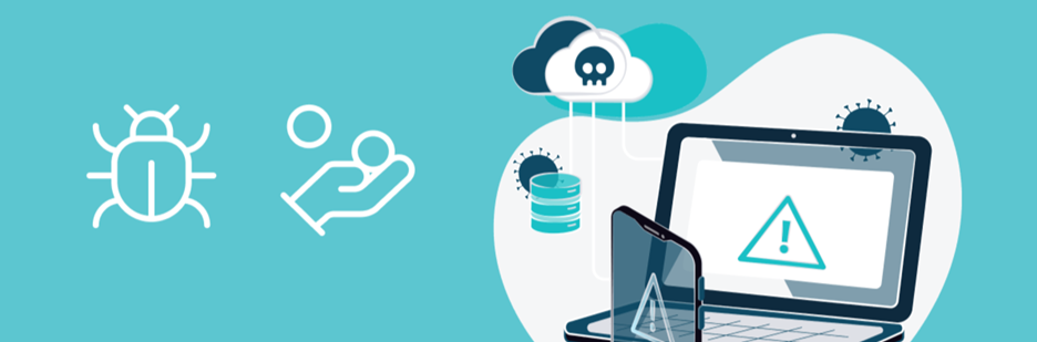 bug bounty program graphic in light blue with bug, money and laptop icon