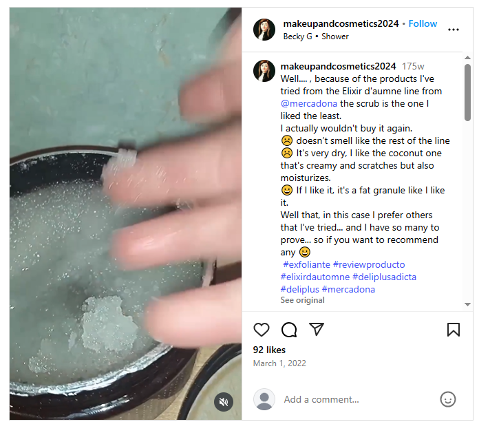 screenshot Instagram user criticizing a Hacendado product