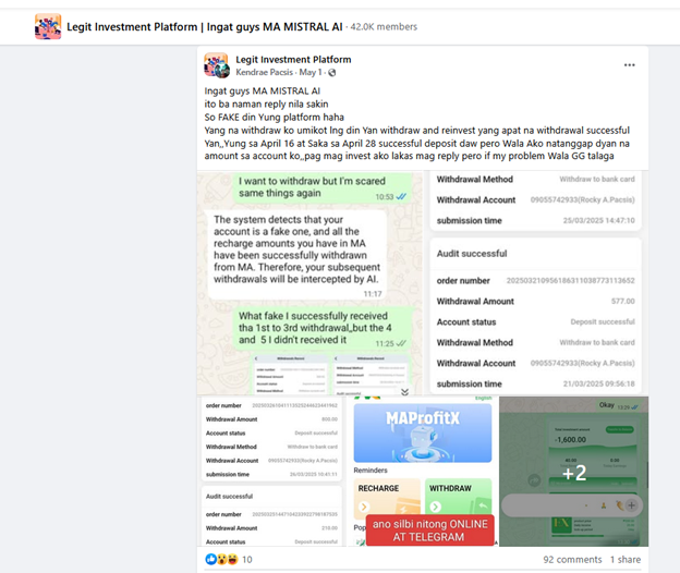 Facebook post in a group called 'Legit Investment Platform | Ingat guys MA MISTRAL AI' showing screenshots of Mistral AI scam. 