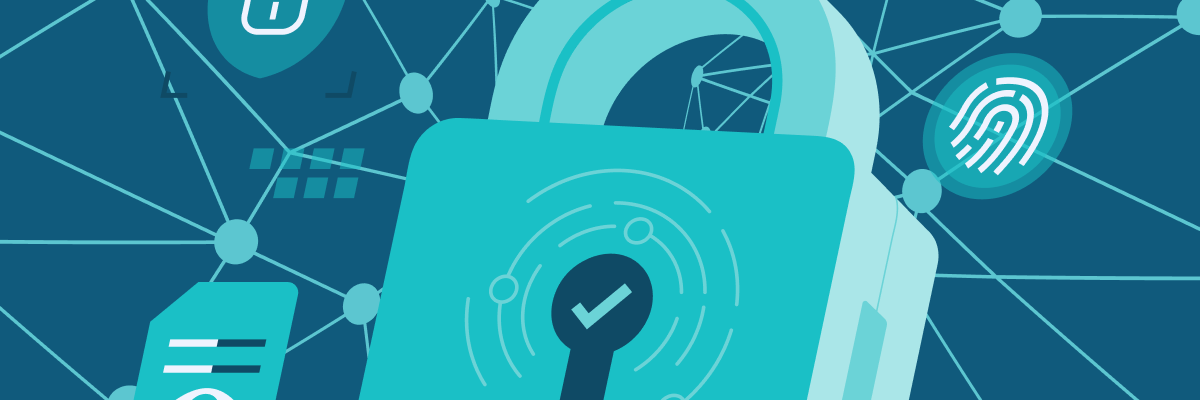 teal lock on blue background with network