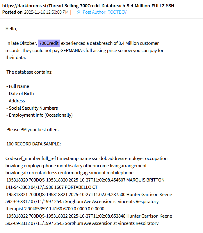 Fragment of the original DarkForums post auctioning 700credit data