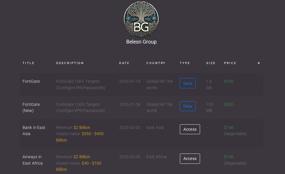 Belsen Group access listings hosted on a dark web marketplace.