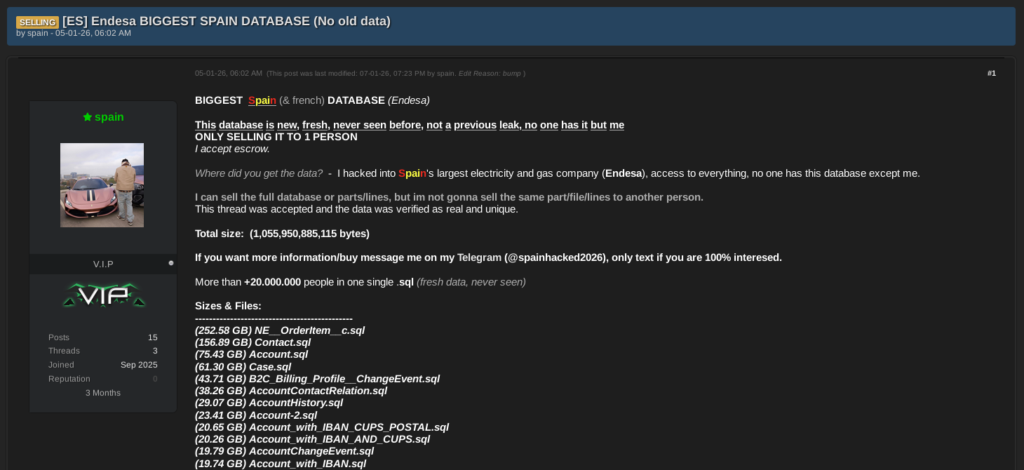 Endesa data breach DarkForums post