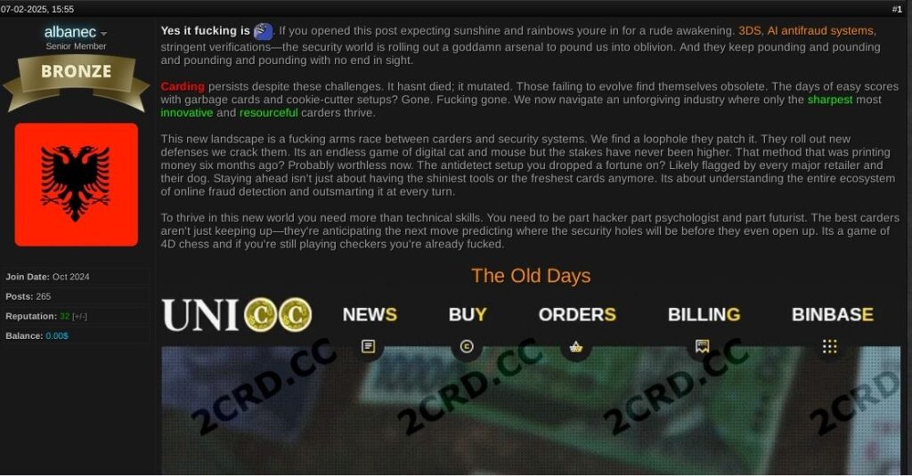 Underground forum user ‘albanec’ discusses the growing challenges of carding.